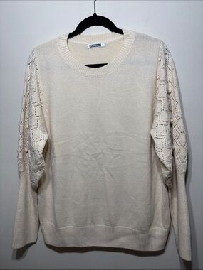 Openwork Sleeve Crewneck Sweater in Cream
